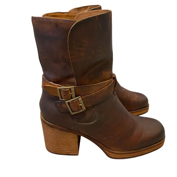 Korks Shoes - Korks Meehan Chunky Boots Womens 9.5 EU 40 Brown Leather Buckle Zip Block Heels